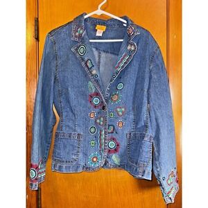 Womens Ruby Rd Embroidered Floral boho Blue Denim Jean Jacket Blazer Size 16